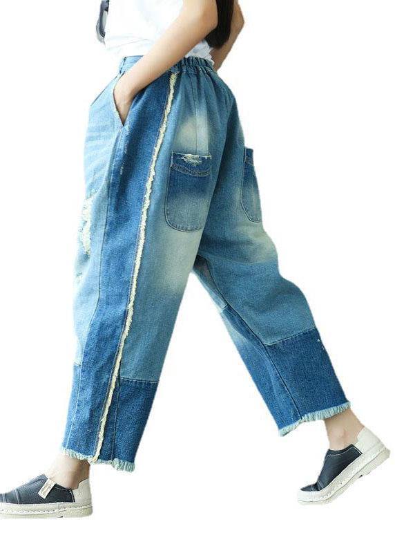 Art Blue Pockets Button Hole Fall Patchwork Pants - SooLinen