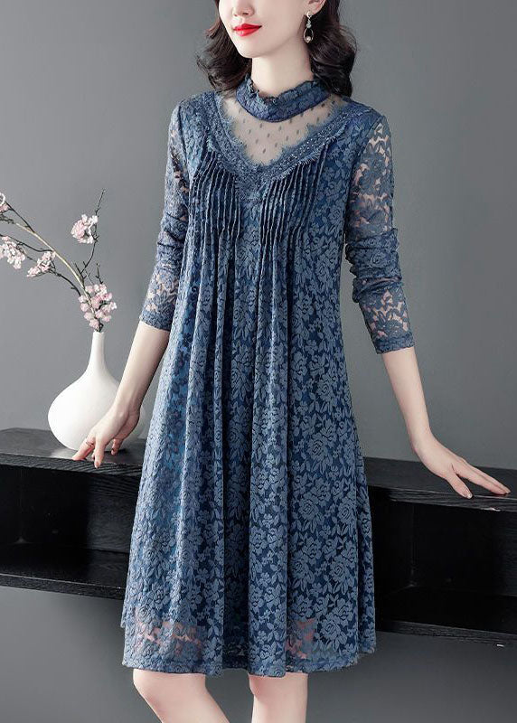 Kunst Blau Rüschen Patchwork Aushöhlen Spitze Urlaub Kleider Frühling