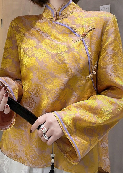 Art Blue Stehkragen Übergroße Jacquard-Seidenblusen Herbst