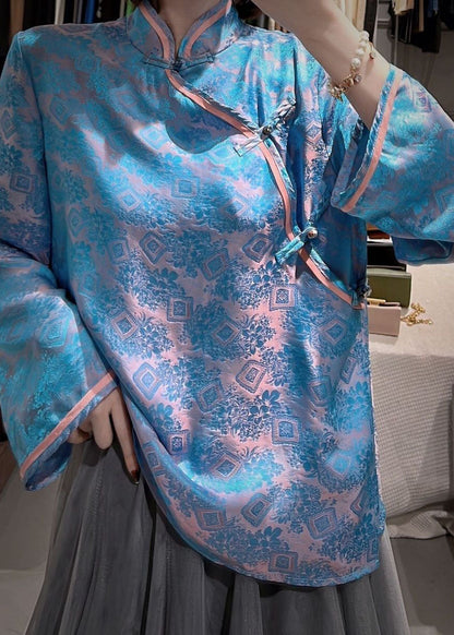 Art Blue Stehkragen Übergroße Jacquard-Seidenblusen Herbst