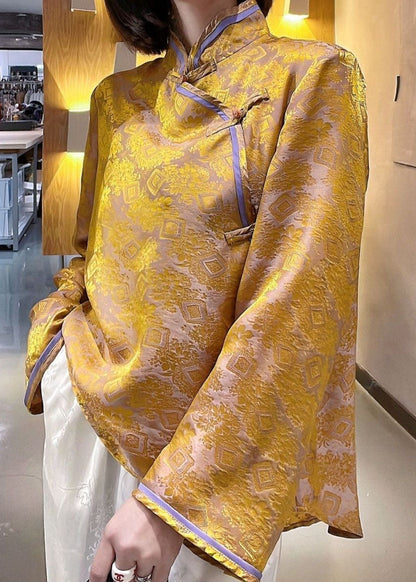 Art Blue Stehkragen Übergroße Jacquard-Seidenblusen Herbst