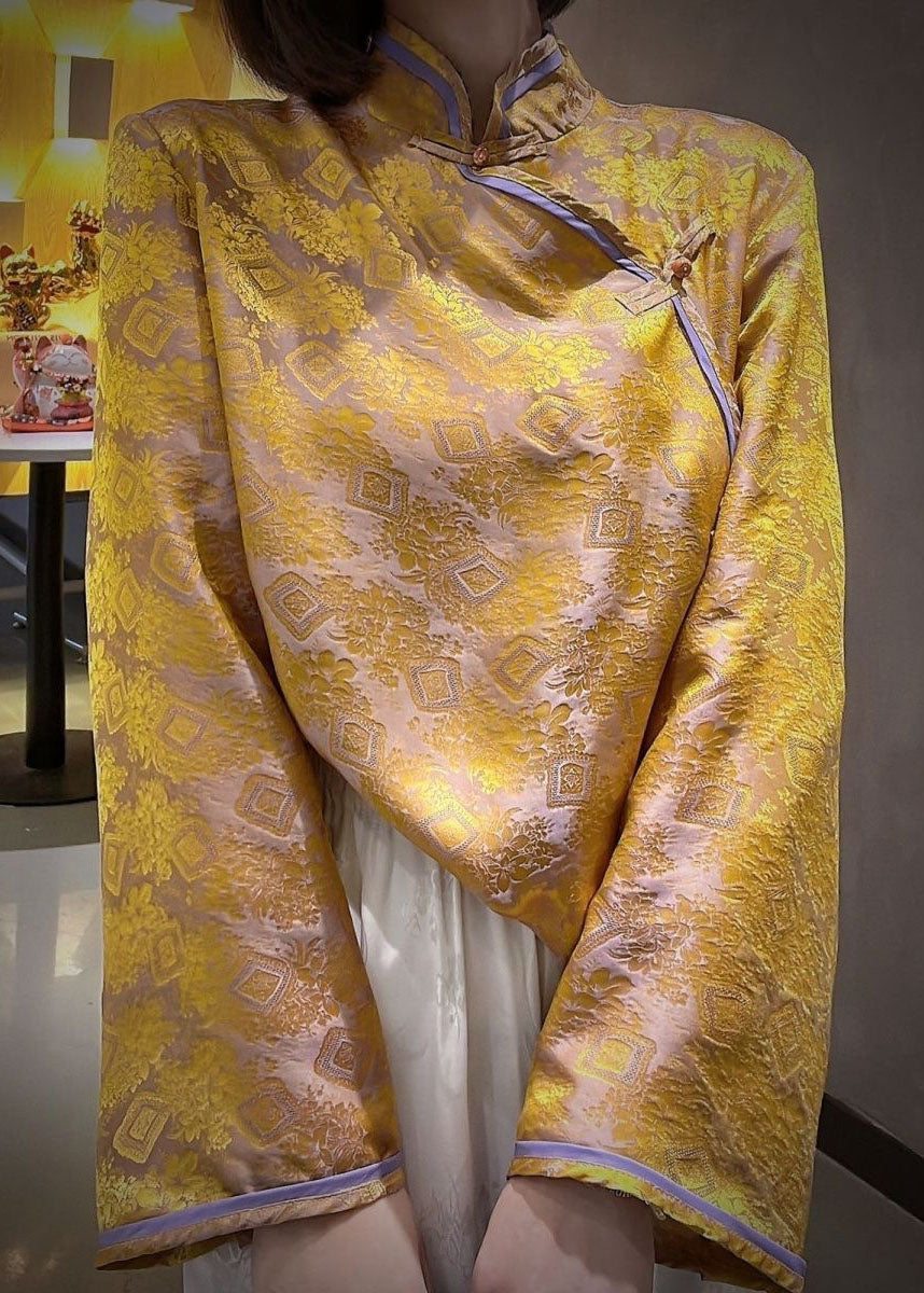 Art Blue Stehkragen Übergroße Jacquard-Seidenblusen Herbst