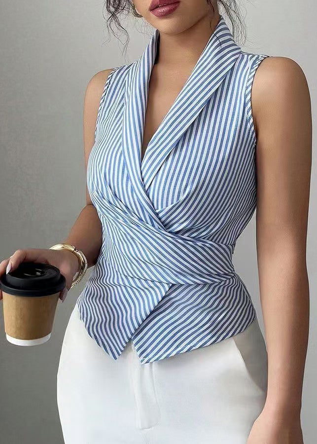Art Blue Striped V Neck Lace Up Cotton Shirts Sleeveless