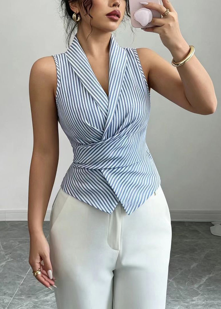 Art Blue Striped V Neck Lace Up Cotton Shirts Sleeveless