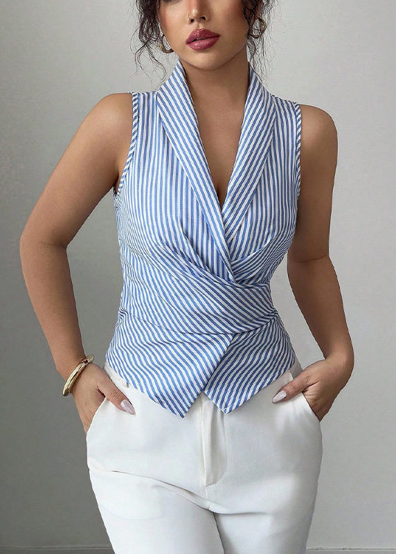 Art Blue Striped V Neck Lace Up Cotton Shirts Sleeveless