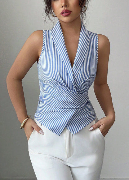 Art Blue Striped V Neck Lace Up Cotton Shirts Sleeveless