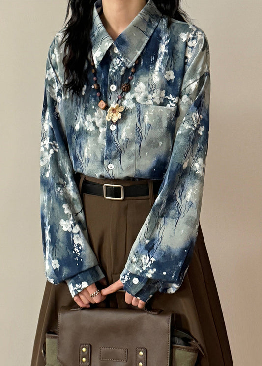 Art Blue Tie Dye Button Pockets Cotton Blouse Spring