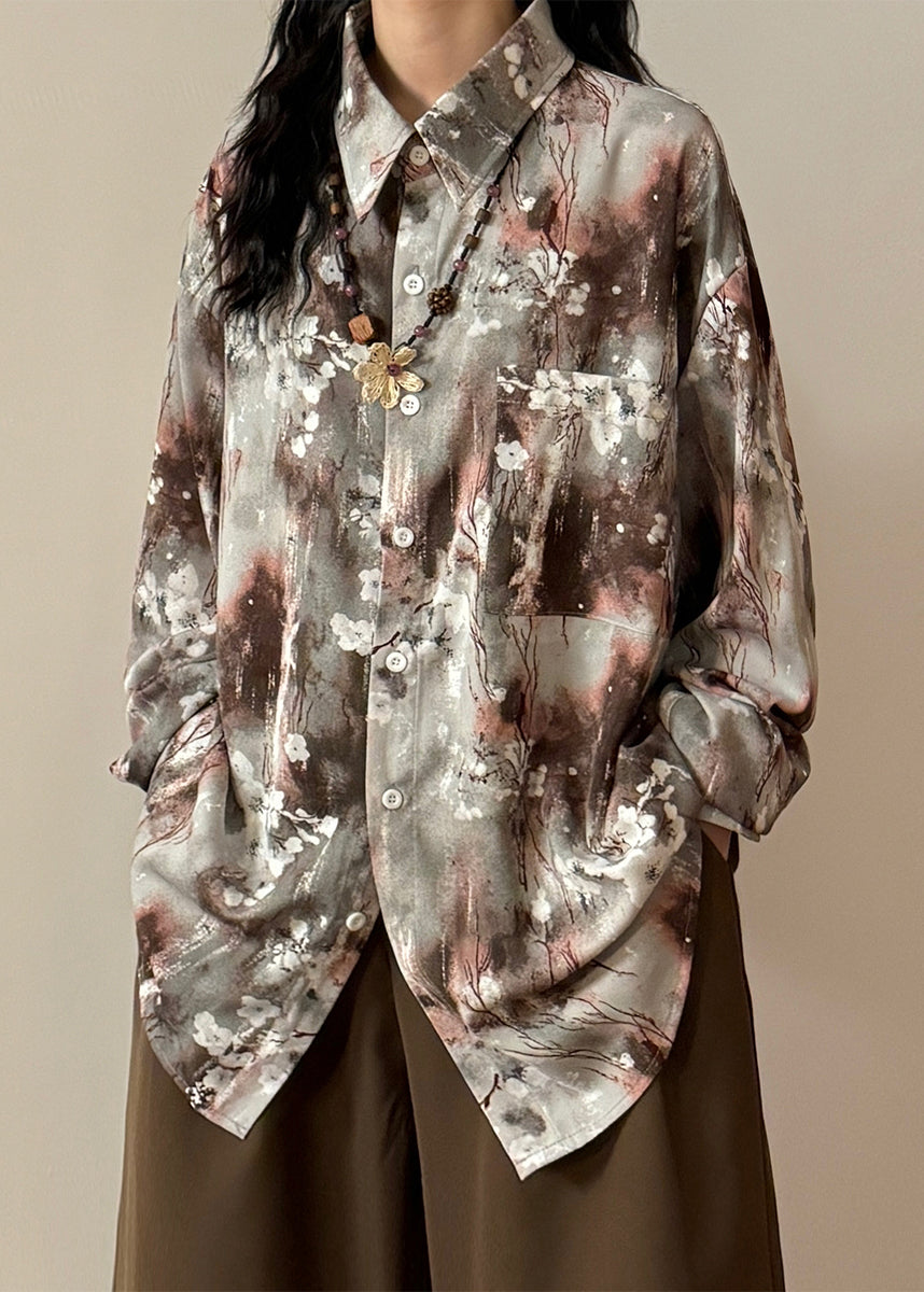 Art Blue Tie Dye Button Pockets Cotton Blouse Spring