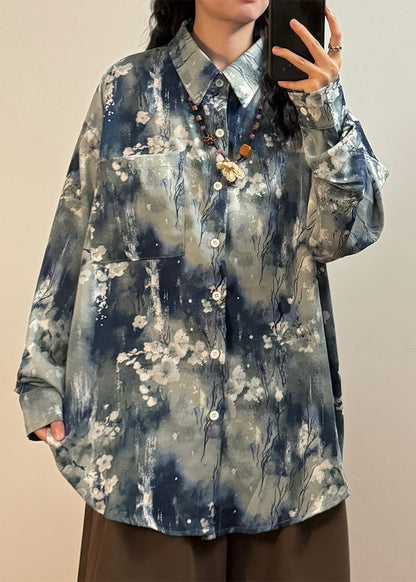 Art Blue Tie Dye Button Pockets Cotton Blouse Spring