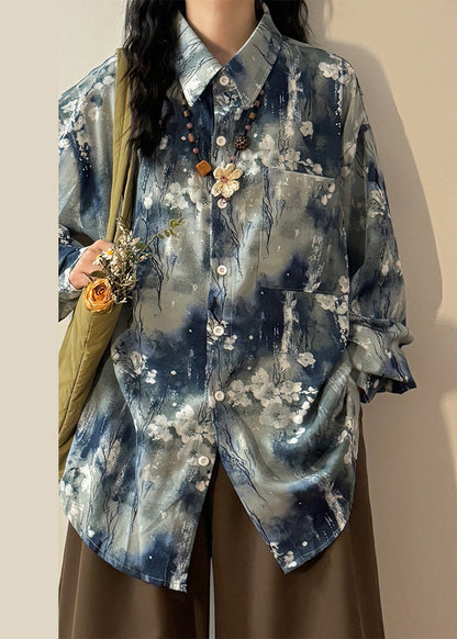 Art Blue Tie Dye Button Pockets Cotton Blouse Spring