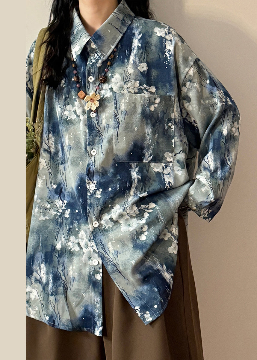 Art Blue Tie Dye Button Pockets Cotton Blouse Spring