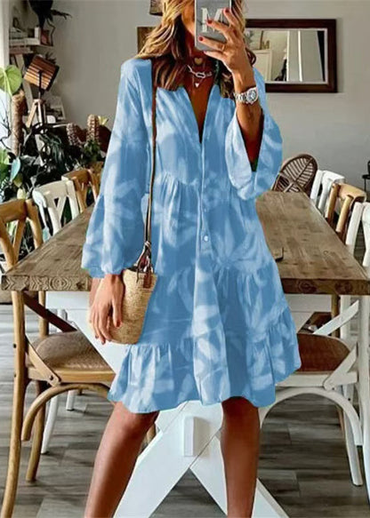 Art Blue V Neck Print Cotton Mid Dress Flare Sleeve
