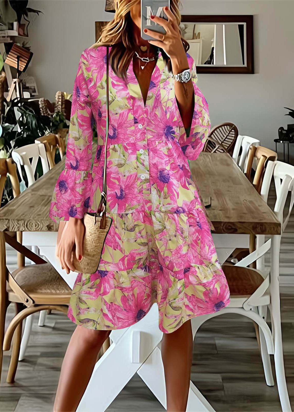Art Blue V Neck Print Cotton Mid Dress Flare Sleeve