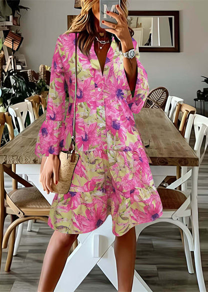 Art Blue V Neck Print Cotton Mid Dress Flare Sleeve