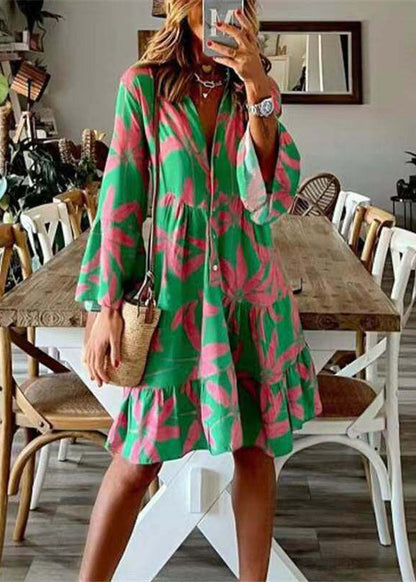 Art Blue V Neck Print Cotton Mid Dress Flare Sleeve