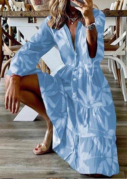 Art Blue V Neck Print Cotton Mid Dress Flare Sleeve