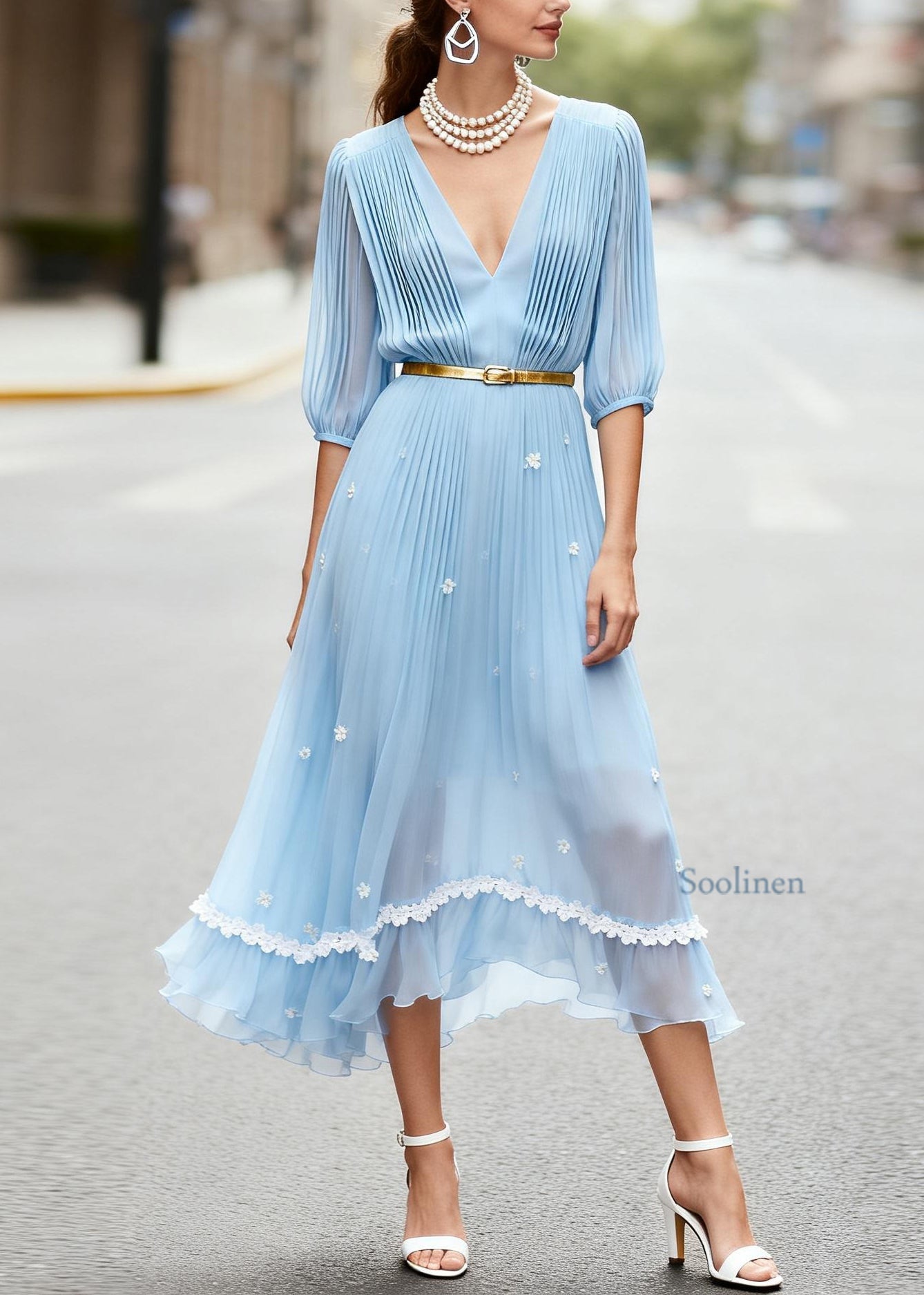 Art Blue V Neck Wrinkled Floral Chiffon Ankle Dress Summer