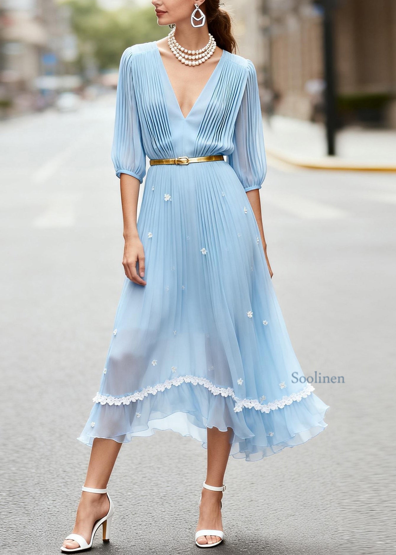 Art Blue V Neck Wrinkled Floral Chiffon Ankle Dress Summer