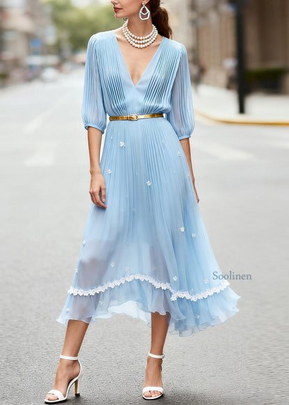 Art Blue V Neck Wrinkled Floral Chiffon Ankle Dress Summer
