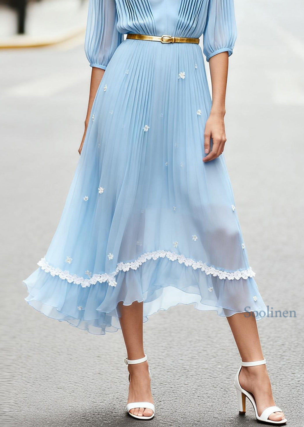 Art Blue V Neck Wrinkled Floral Chiffon Ankle Dress Summer