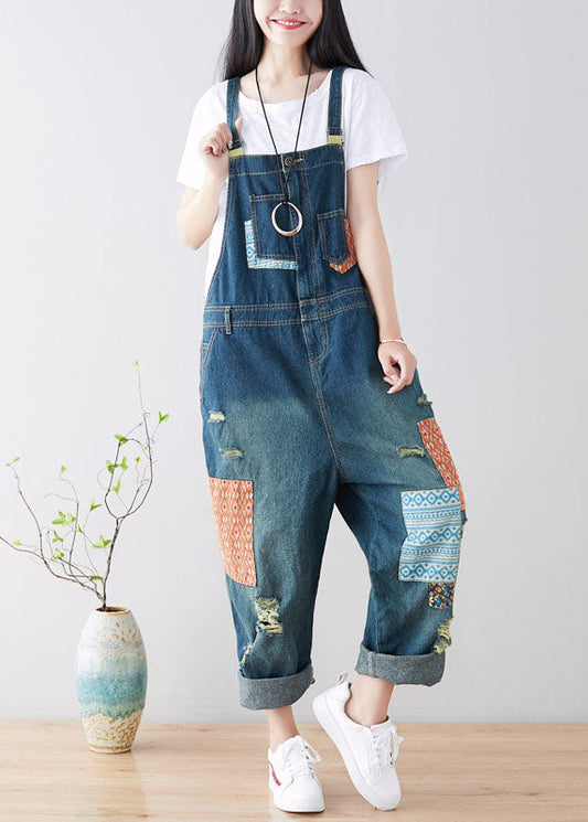 Art Blue Taschen Patchwork zerrissenen Denim Jumpsuit Frühling