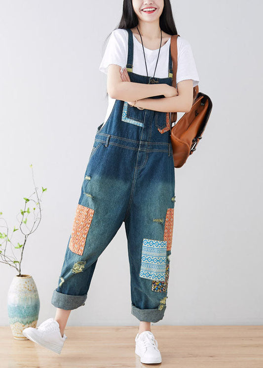 Art Blue Taschen Patchwork zerrissenen Denim Jumpsuit Frühling