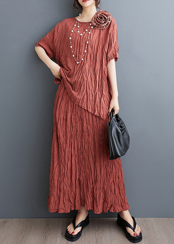 Art Brick Red Floral Decorated Wrinkled Cotton 2 Piece Outfit Summer