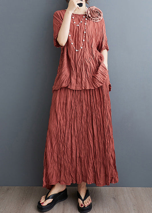 Art Brick Red Floral Decorated Wrinkled Cotton 2 Piece Outfit Summer