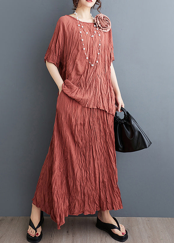 Art Brick Red Floral Decorated Wrinkled Cotton 2 Piece Outfit Summer