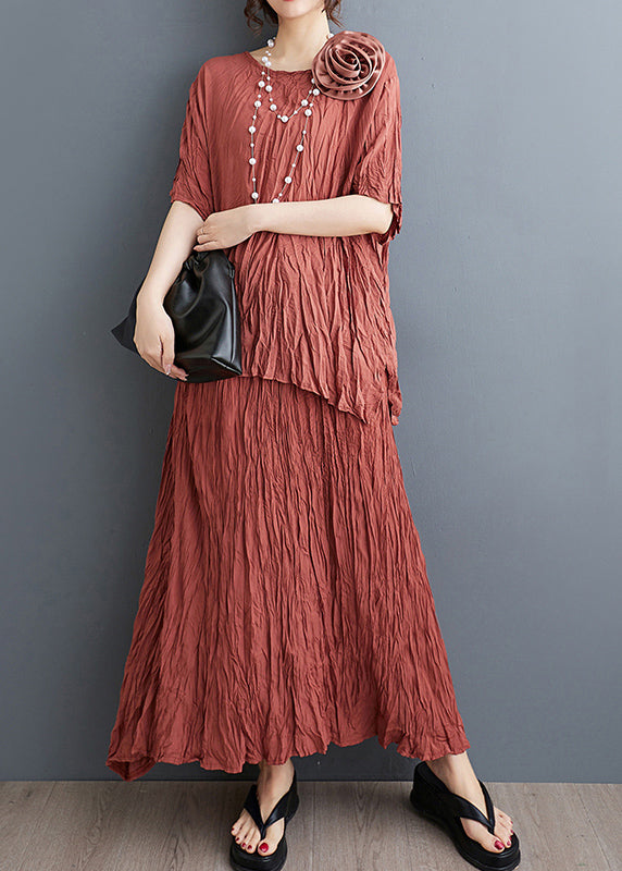 Art Brick Red Floral Decorated Wrinkled Cotton 2 Piece Outfit Summer