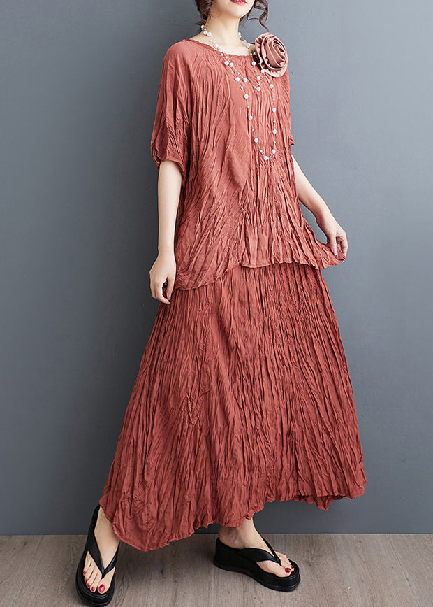 Art Brick Red Floral Decorated Wrinkled Cotton 2 Piece Outfit Summer