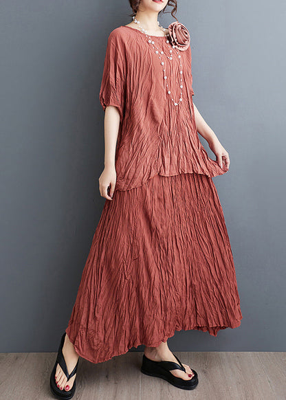 Art Brick Red Floral Decorated Wrinkled Cotton 2 Piece Outfit Summer