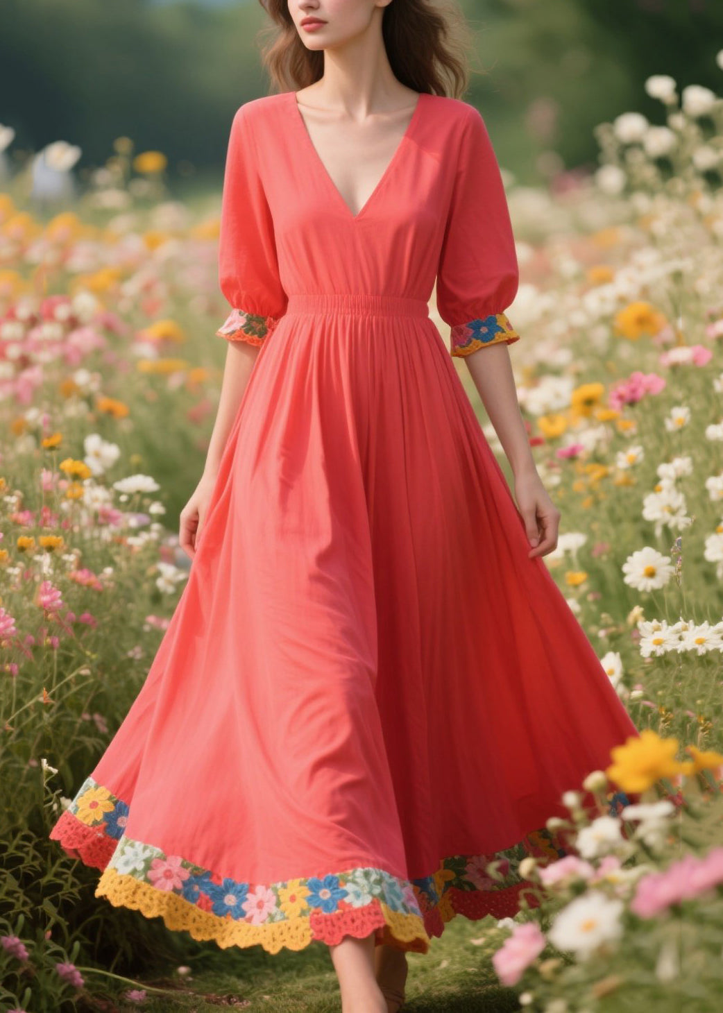 Art Brick Red Patchwork Exra Large Hem Cotton Holiday Dress Summer