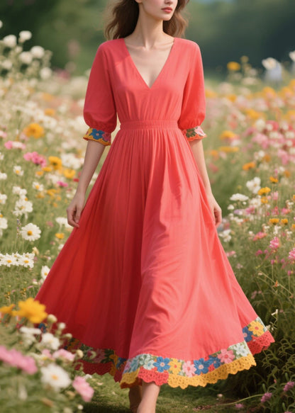 Art Brick Red Patchwork Exra Large Hem Cotton Holiday Dress Summer