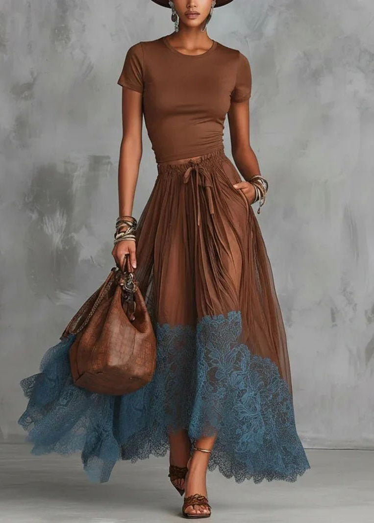 Art Brown O-Neck Top And Patchwork Lace Skirts Two Pieces Set Short Sleeve