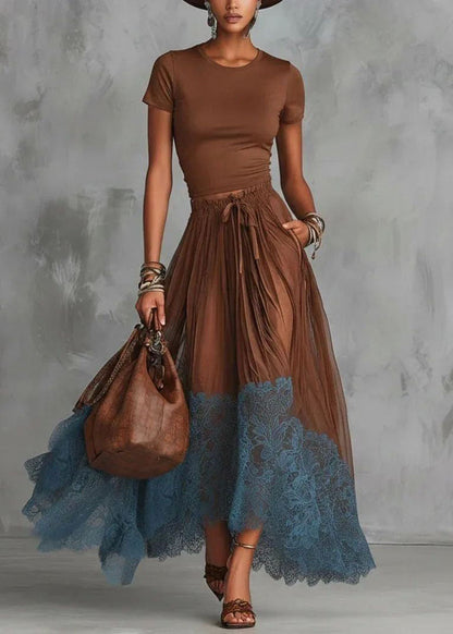 Art Brown O-Neck Top And Patchwork Lace Skirts Two Pieces Set Short Sleeve