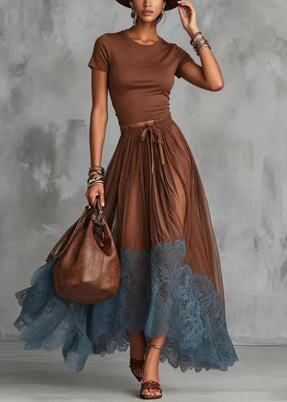 Art Brown O-Neck Top And Patchwork Lace Skirts Two Pieces Set Short Sleeve