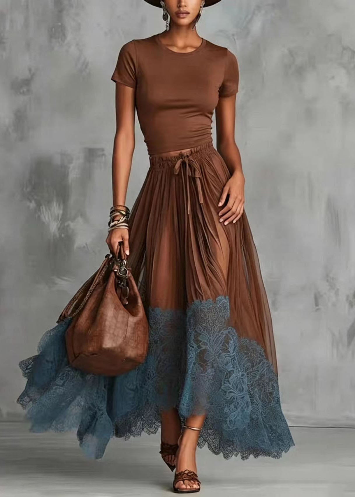 Art Brown O-Neck Top And Patchwork Lace Skirts Two Pieces Set Short Sleeve