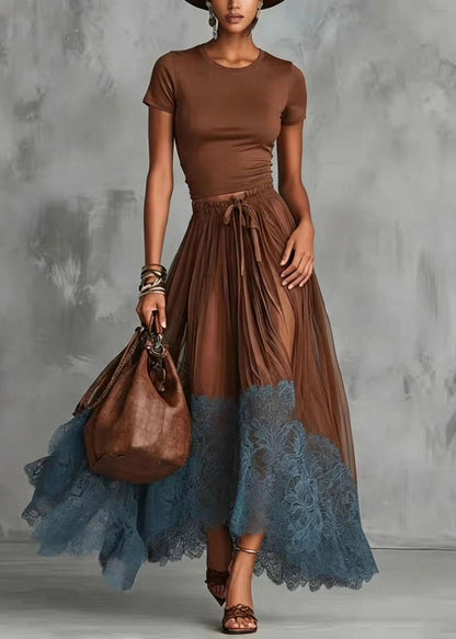 Art Brown O-Neck Top And Patchwork Lace Skirts Two Pieces Set Short Sleeve