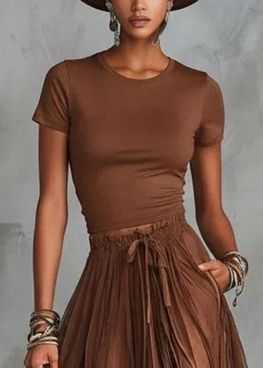 Art Brown O-Neck Top And Patchwork Lace Skirts Two Pieces Set Short Sleeve