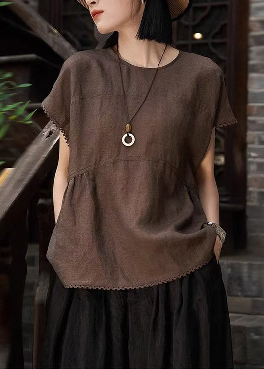 Art Brown Oversized Patchwork Wrinkled Linen Tank Tops Summer