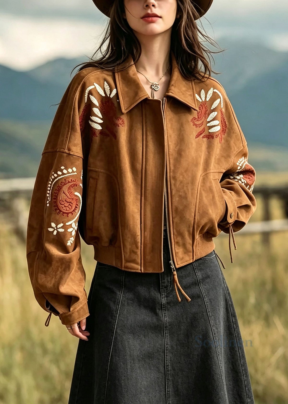 Art Brown Peter Pan Collar Embroidered Patchwork Faux Suede Jacket Fall