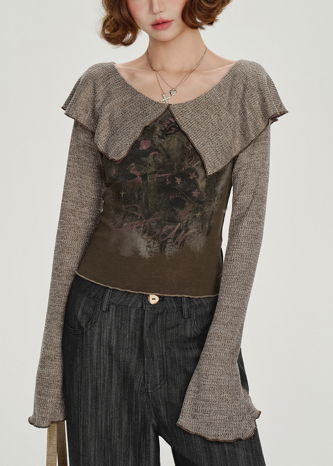 Art Brown Peter Pan Kragen Patchwork Baumwollhemd Frühling