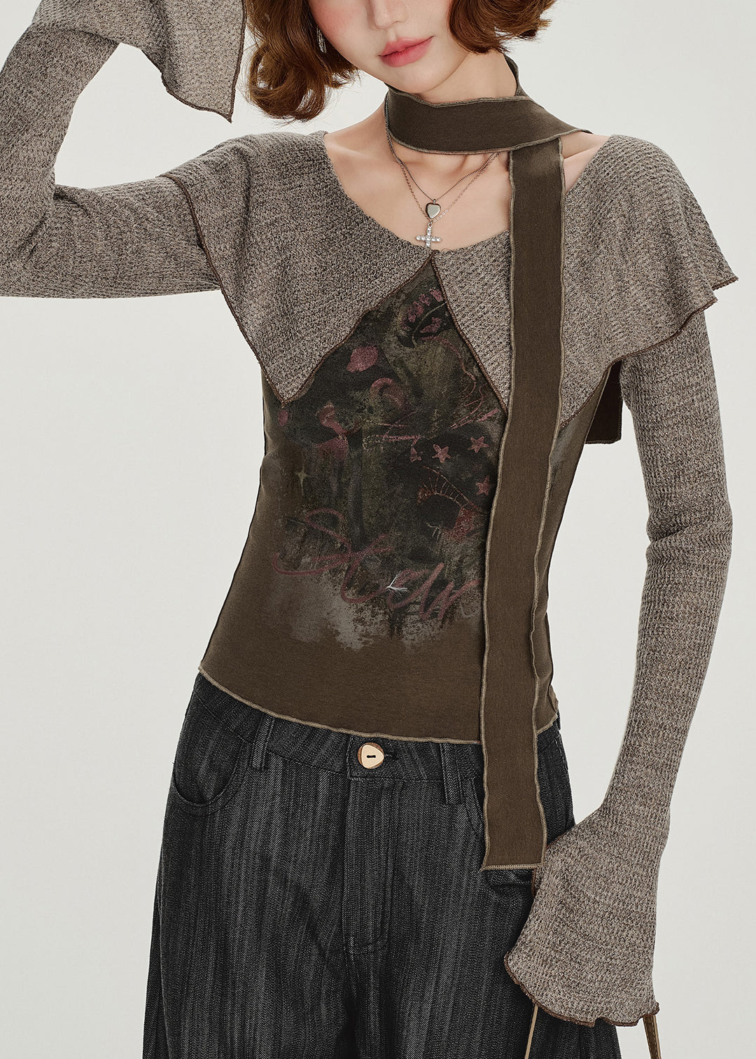 Art Brown Peter Pan Kragen Patchwork Baumwollhemd Frühling