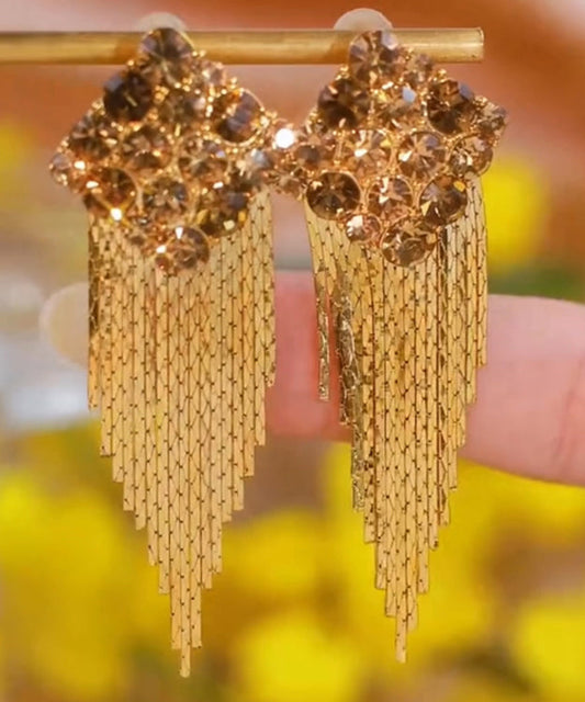 Pendientes colgantes con borlas de circonitas y diamantes dorados en plata esterlina Art Brown