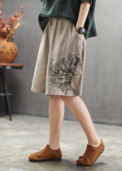 Art Chocolate Embroideried tie waist Linen hot Pants - SooLinen