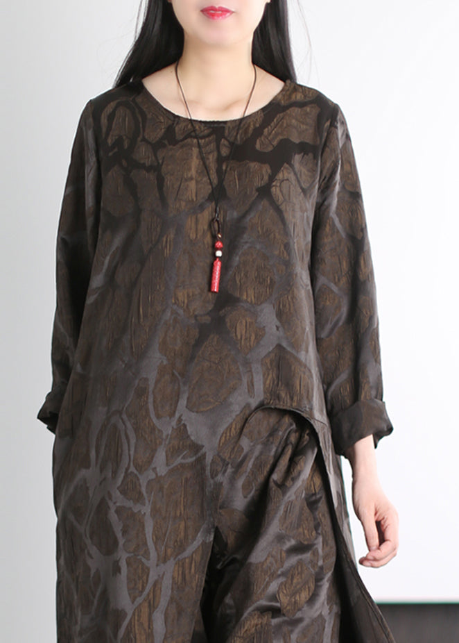 Art Chocolate Jacquard Side Open Silk 2 Piece Outfit Spring
