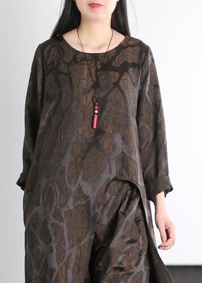 Art Chocolate Jacquard Side Open Silk 2 Piece Outfit Spring
