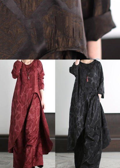 Art Chocolate Jacquard Side Open Silk 2 Piece Outfit Spring