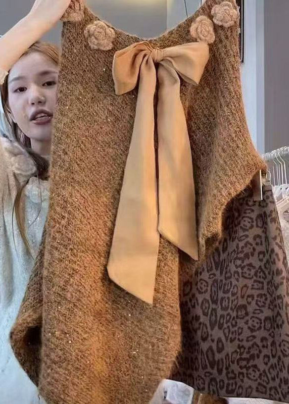 Suéter de punto con lazo floral y mangas murciélago Art Coffee